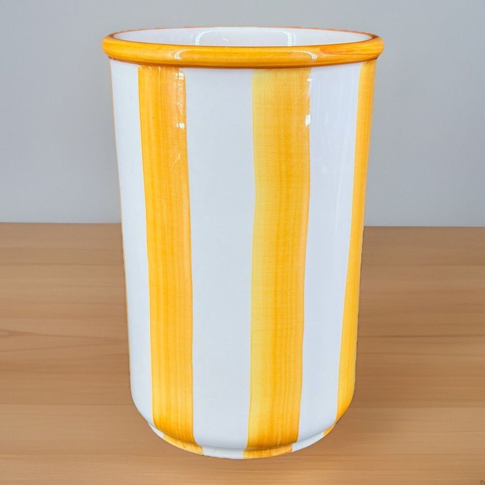 Yellow Stripe Ceramic Utensil Holder - White & Yellow